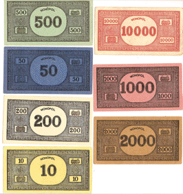 De gebruikelijke Monopoly bankbiljetten van de  and  uitgaven.