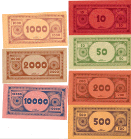 Bankbiljetten van alle doosjes met gekleurde rand, 1950.